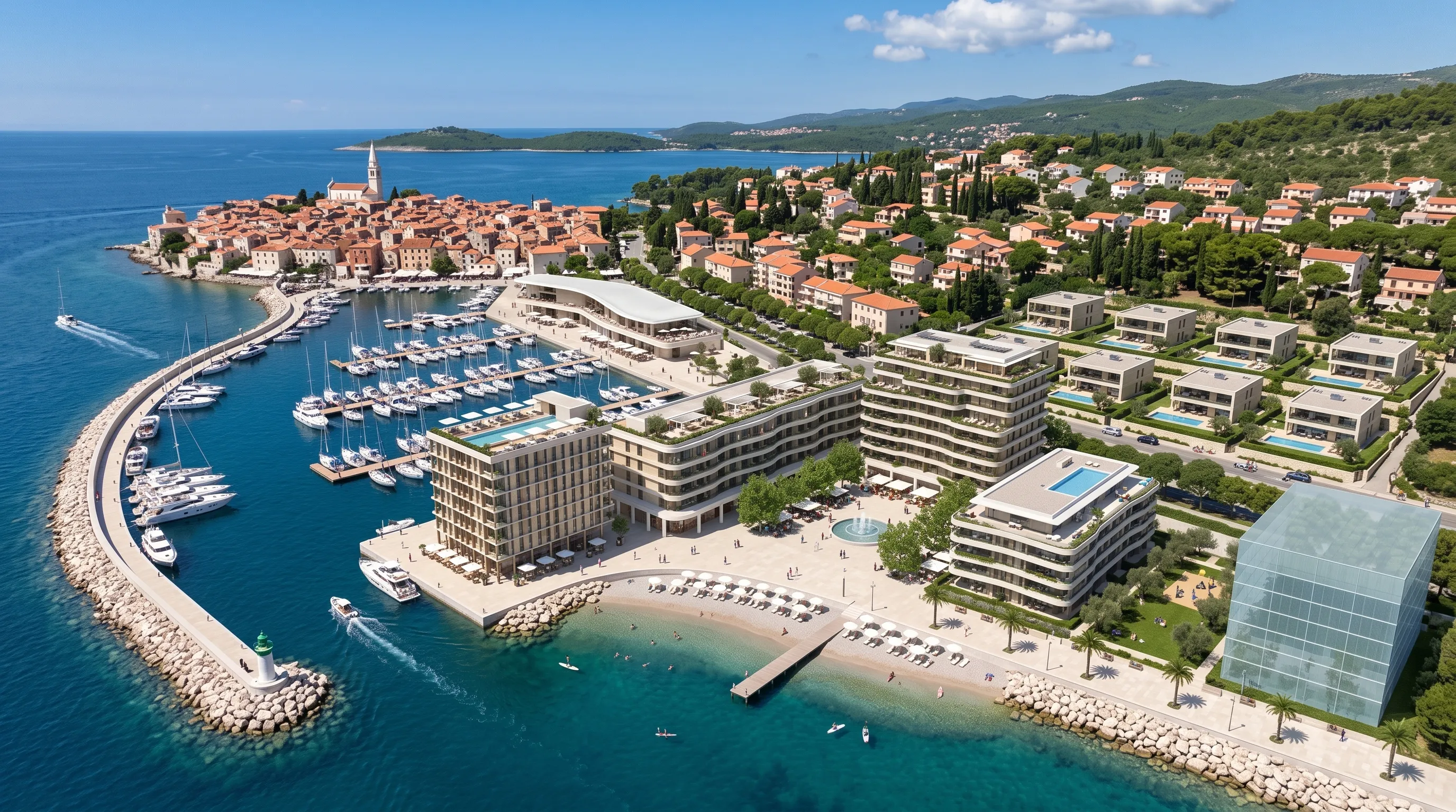 Naselje Marea iz zraka: marina, četiri zgrade uz trg i plažu, vile iznad i buduća zgrada Levant